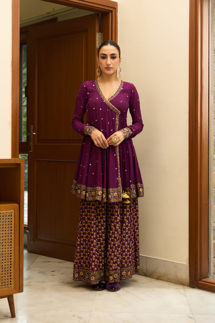 Saanjh block printed purple angrakha with sharara and bandhej dupatta( set of 3)