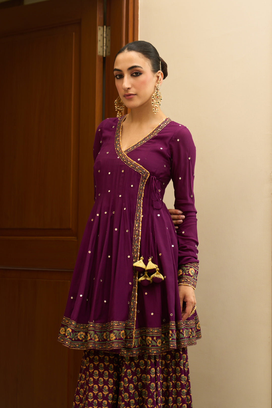 Saanjh block printed purple angrakha with sharara and bandhej dupatta( set of 3)