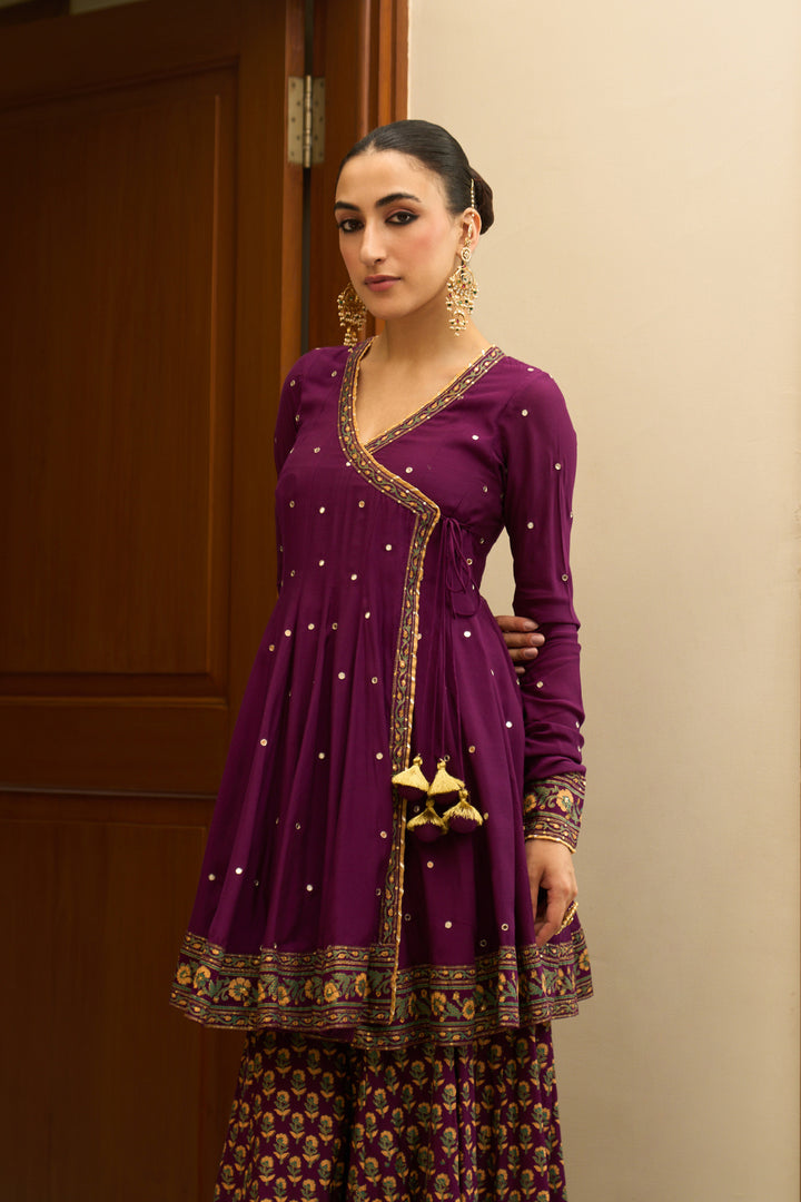 Saanjh block printed purple angrakha with sharara and bandhej dupatta( set of 3)
