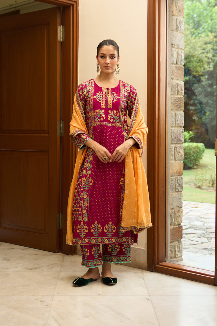 Saanjh block printed rani pink straight kurta with palazzo and bandhej dupatta ( set of 3)
