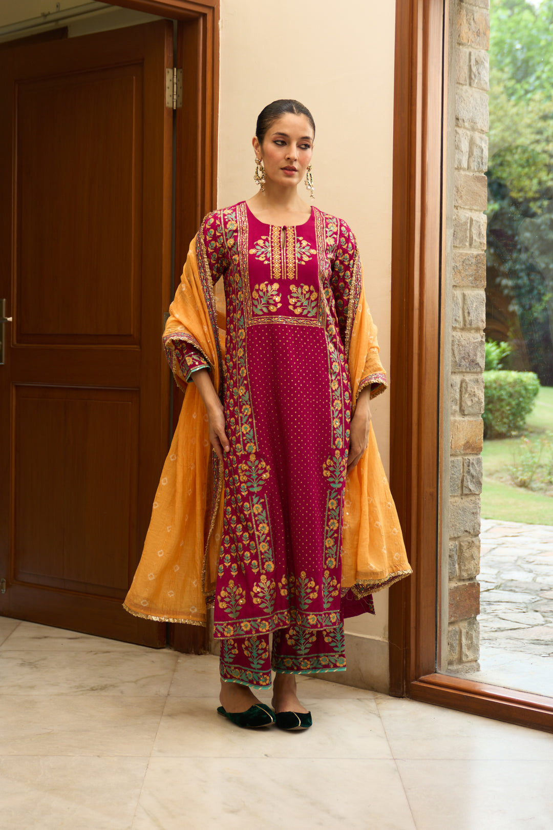 Saanjh block printed rani pink straight kurta with palazzo and bandhej dupatta ( set of 3)