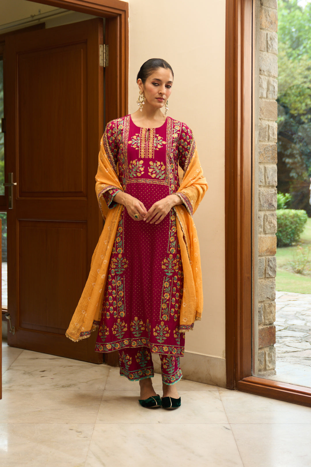 Saanjh block printed rani pink straight kurta with palazzo and bandhej dupatta ( set of 3)