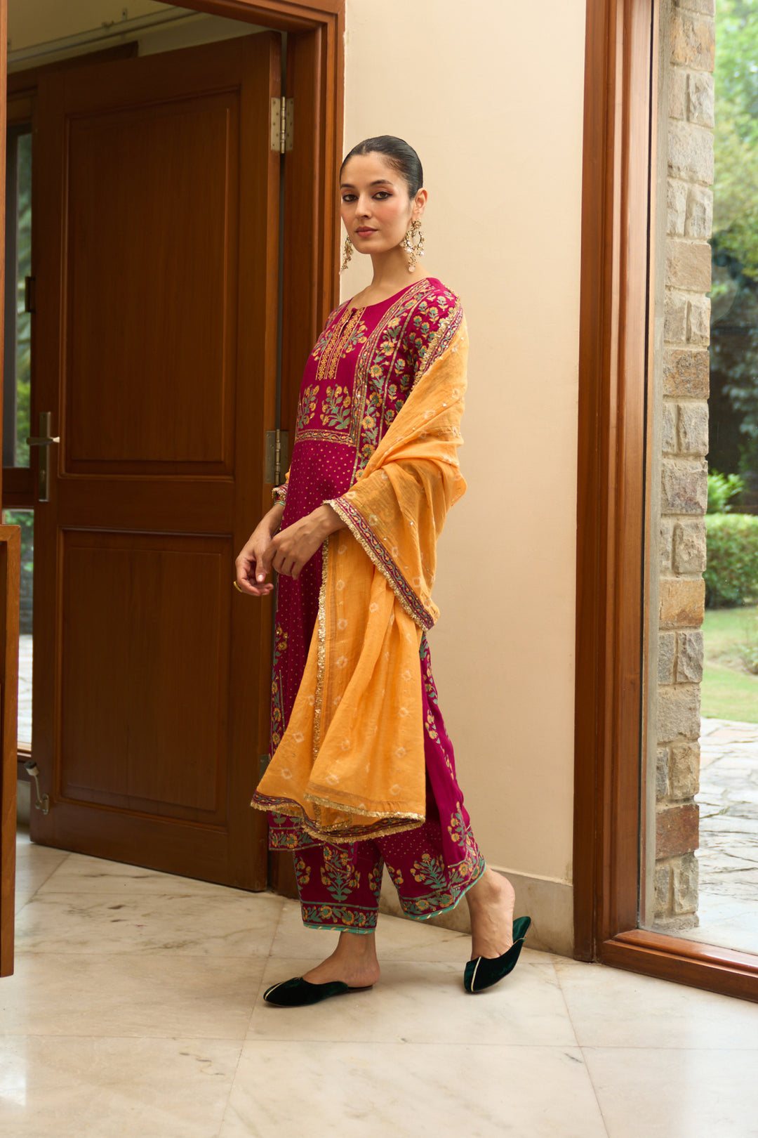 Saanjh block printed rani pink straight kurta with palazzo and bandhej dupatta ( set of 3)