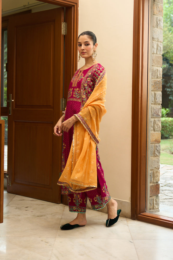 Saanjh block printed rani pink straight kurta with palazzo and bandhej dupatta ( set of 3)