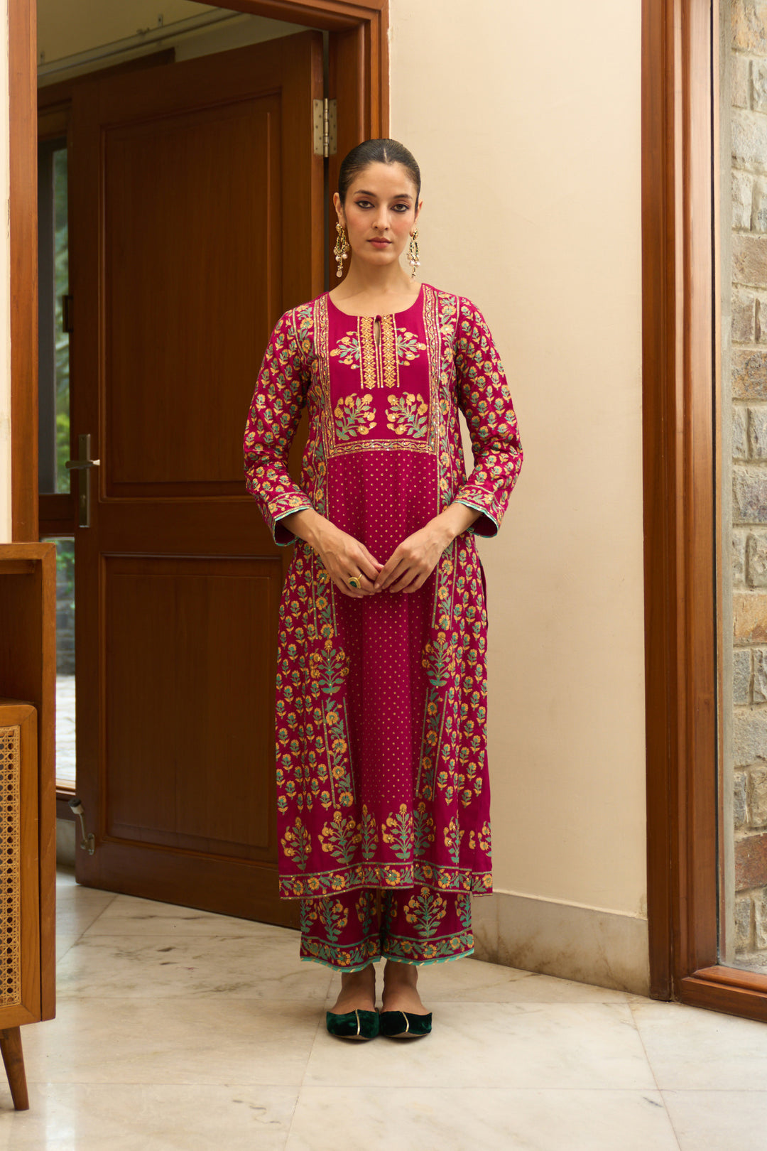 Saanjh block printed rani pink straight kurta with palazzo and bandhej dupatta ( set of 3)
