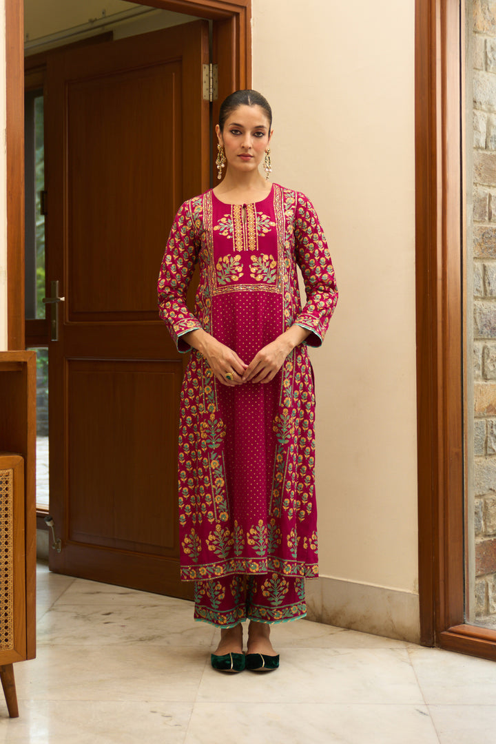 Saanjh block printed rani pink straight kurta with palazzo and bandhej dupatta ( set of 3)