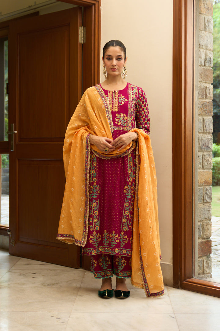 Saanjh block printed rani pink straight kurta with palazzo and bandhej dupatta ( set of 3)