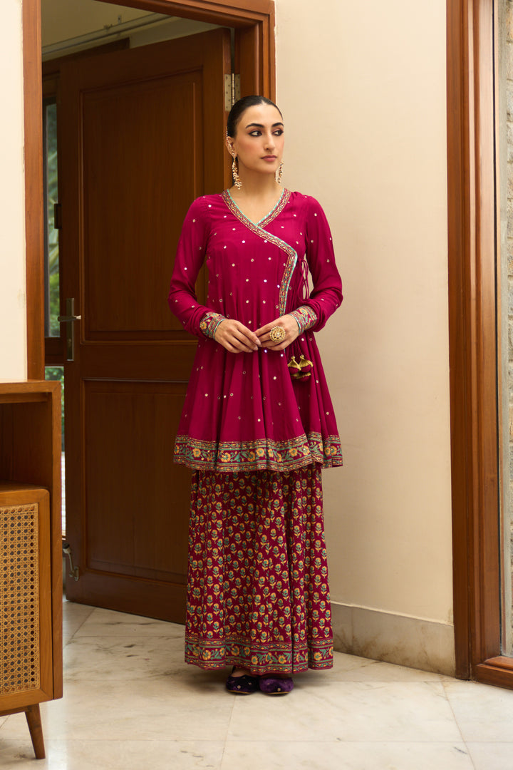 Saanjh block printed rani pink angrakha with sharara and bandhej dupatta( set of 3)