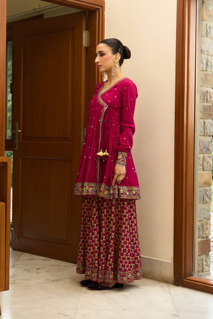 Saanjh block printed rani pink angrakha with sharara and bandhej dupatta( set of 3)