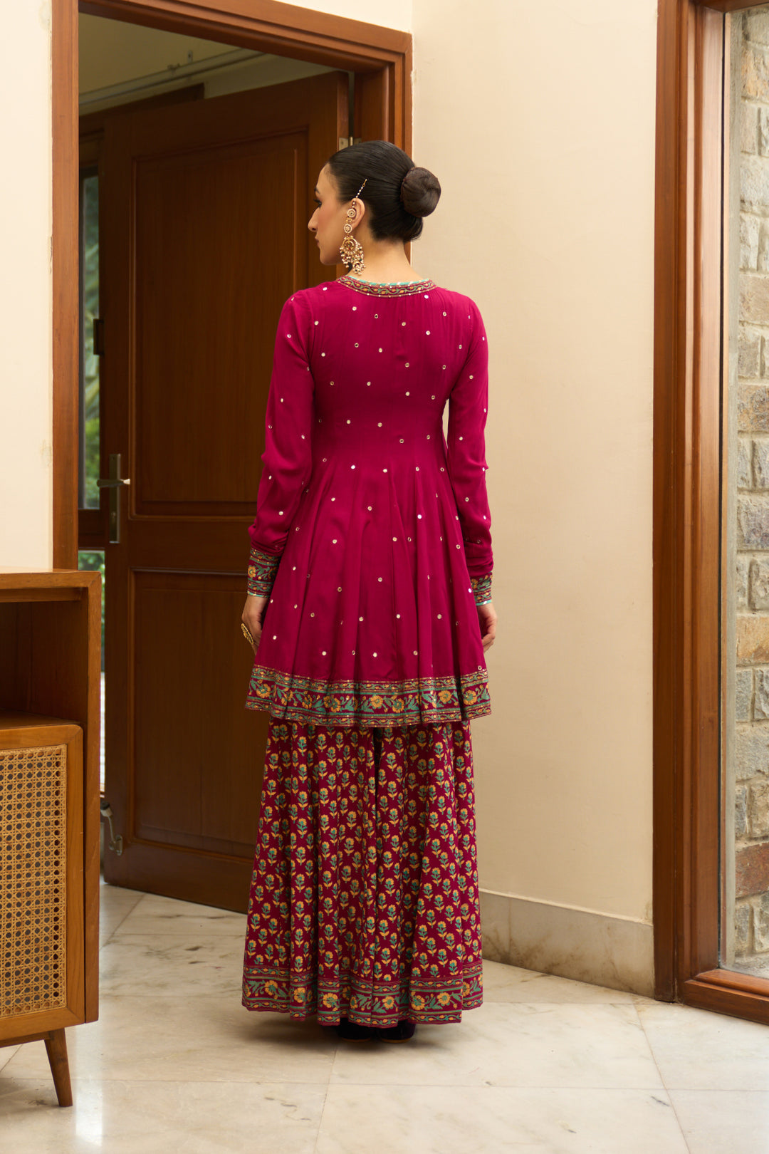 Saanjh block printed rani pink angrakha with sharara and bandhej dupatta( set of 3)
