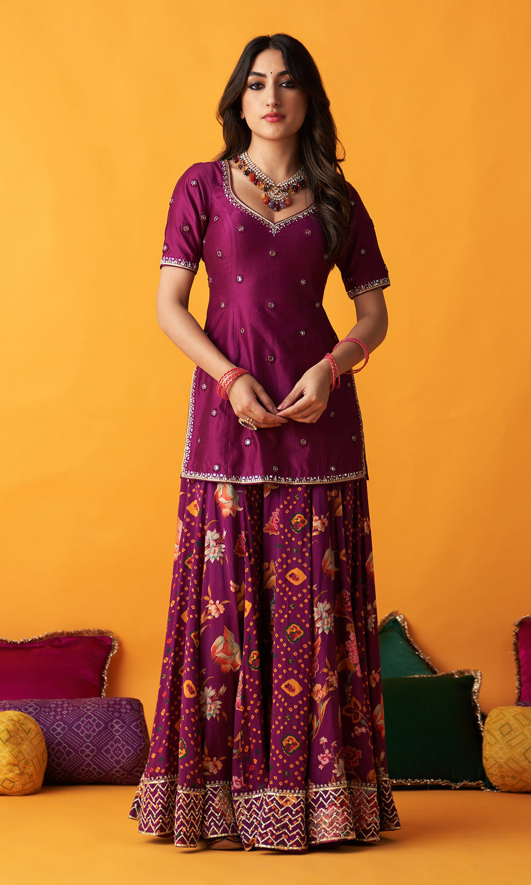 Rangreza 2.0 Bandhani Wine Embroidered Sharara Set  (Set of 3)