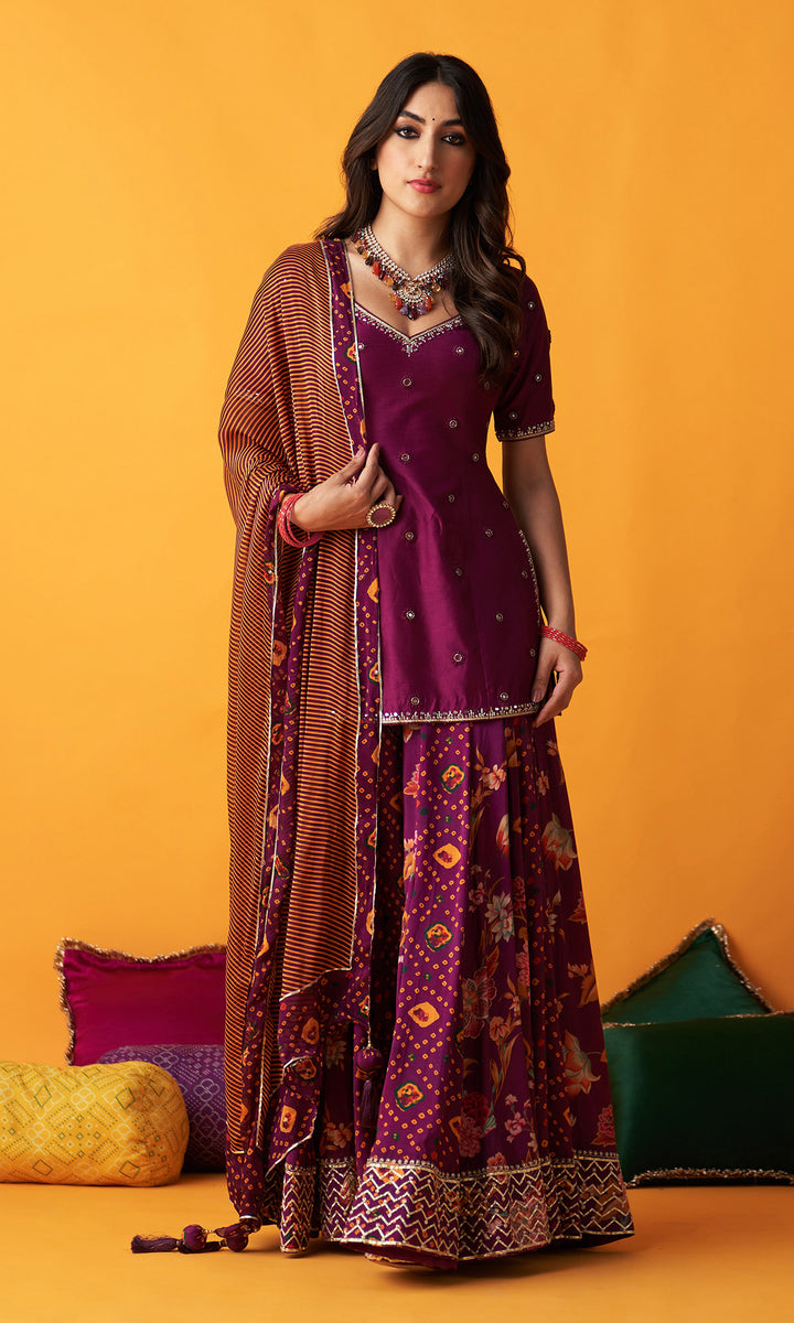 Rangreza 2.0 Bandhani Wine Embroidered Sharara Set  (Set of 3)