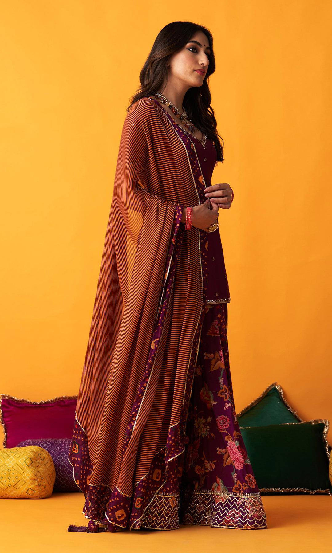 Rangreza 2.0 Bandhani Wine Embroidered Sharara Set  (Set of 3)