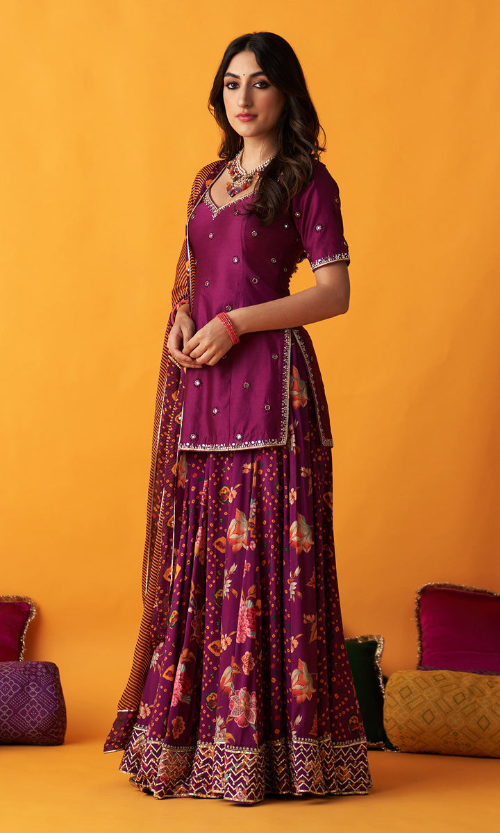 Rangreza 2.0 Bandhani Wine Embroidered Sharara Set  (Set of 3)