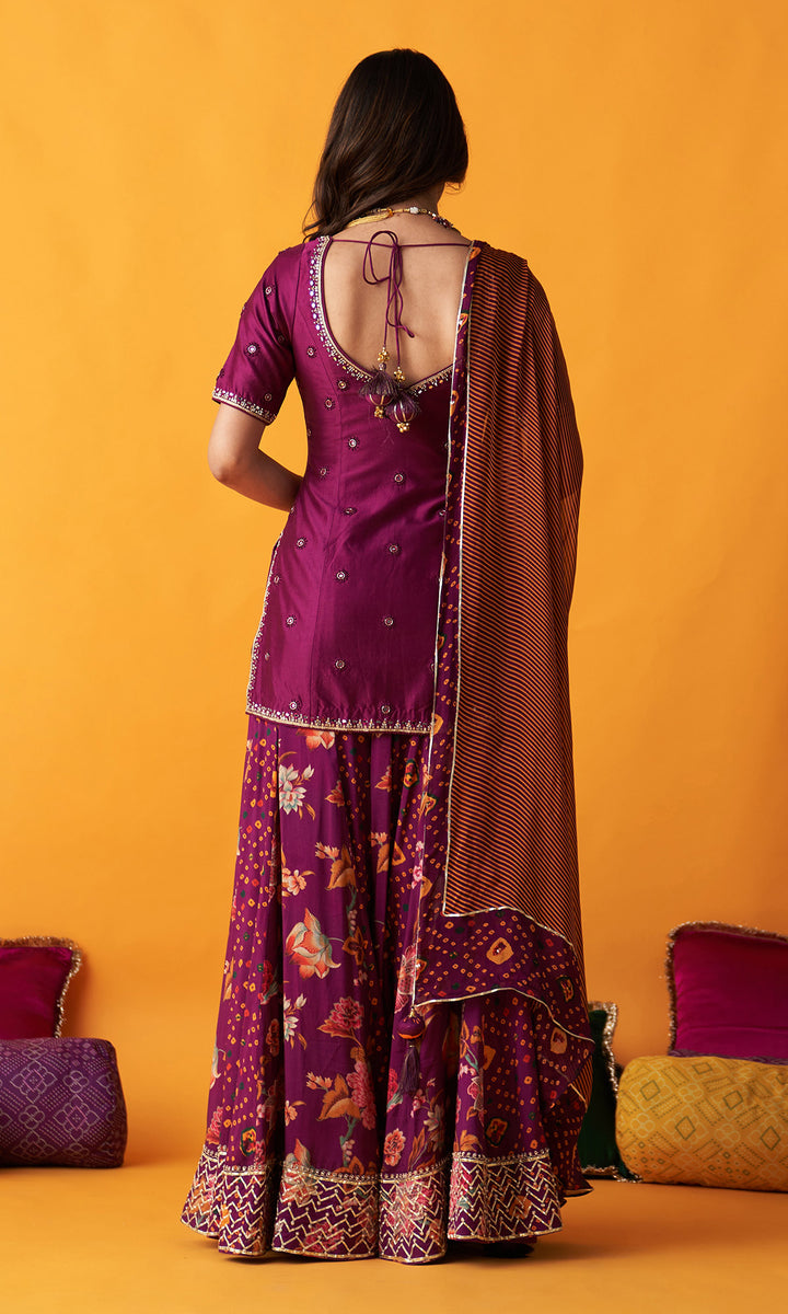 Rangreza 2.0 Bandhani Wine Embroidered Sharara Set  (Set of 3)