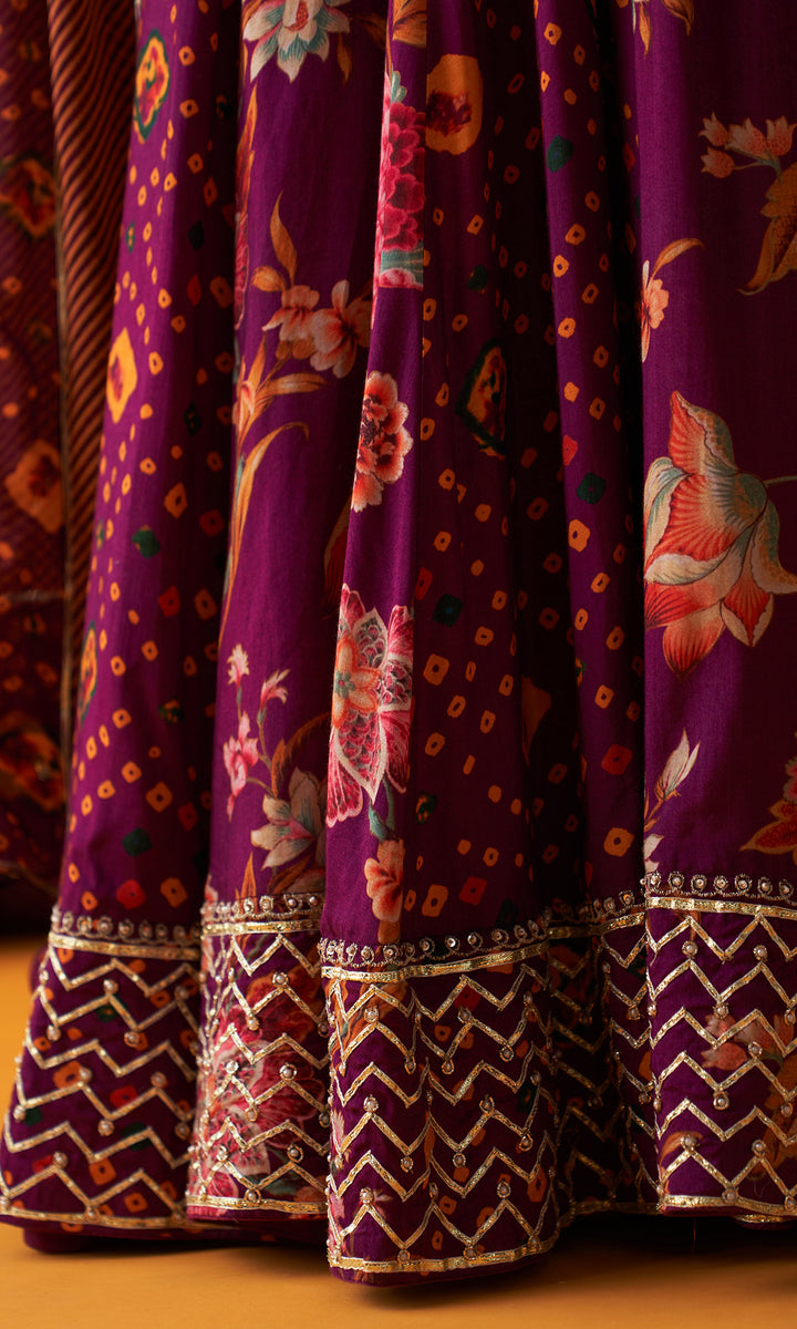 Rangreza 2.0 Bandhani Wine Embroidered Sharara Set  (Set of 3)