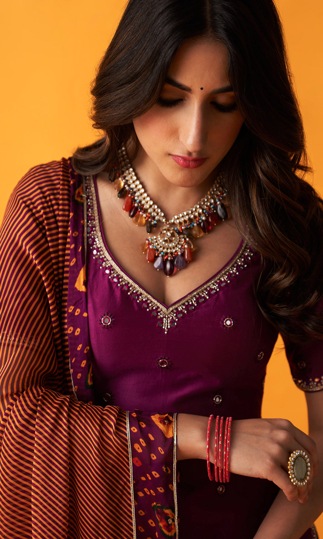 Rangreza 2.0 Bandhani Wine Embroidered Sharara Set  (Set of 3)