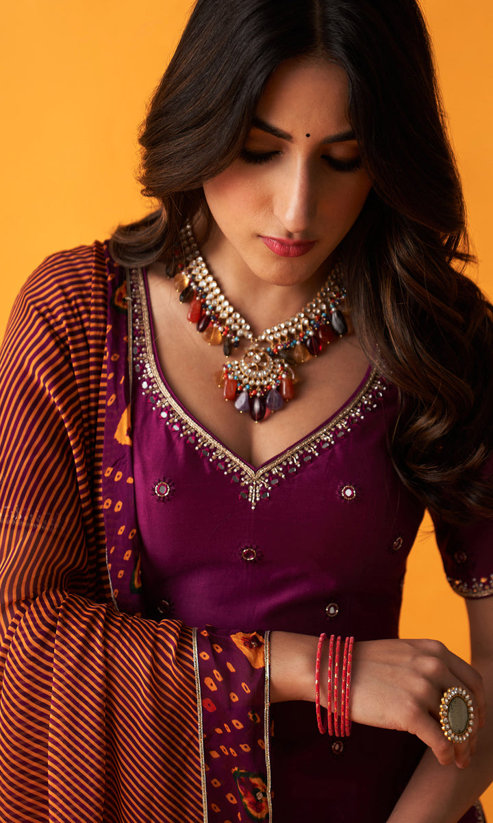 Rangreza 2.0 Bandhani Wine Embroidered Sharara Set  (Set of 3)