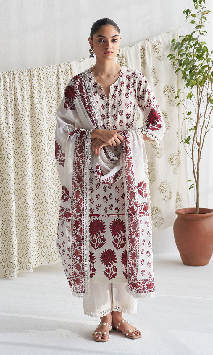 Gulmohar mughal red block printed straight kurta with palazzo and printed dupatta (set of 3)