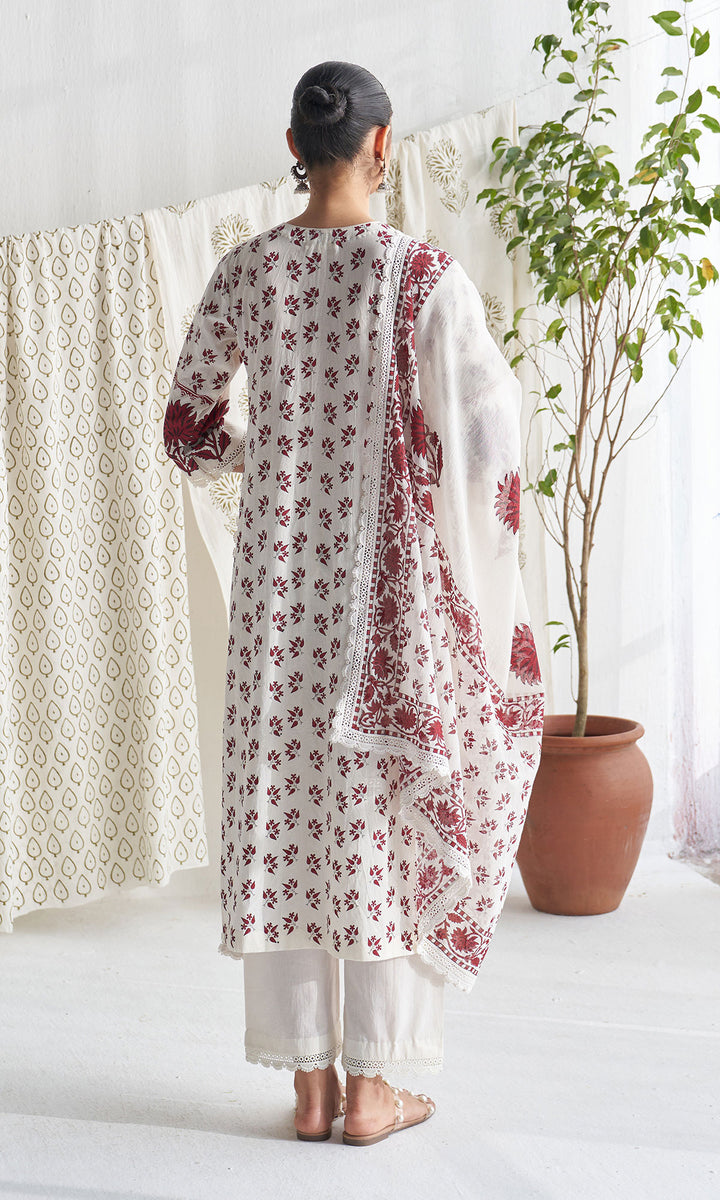 Gulmohar mughal red block printed straight kurta with palazzo and printed dupatta (set of 3)