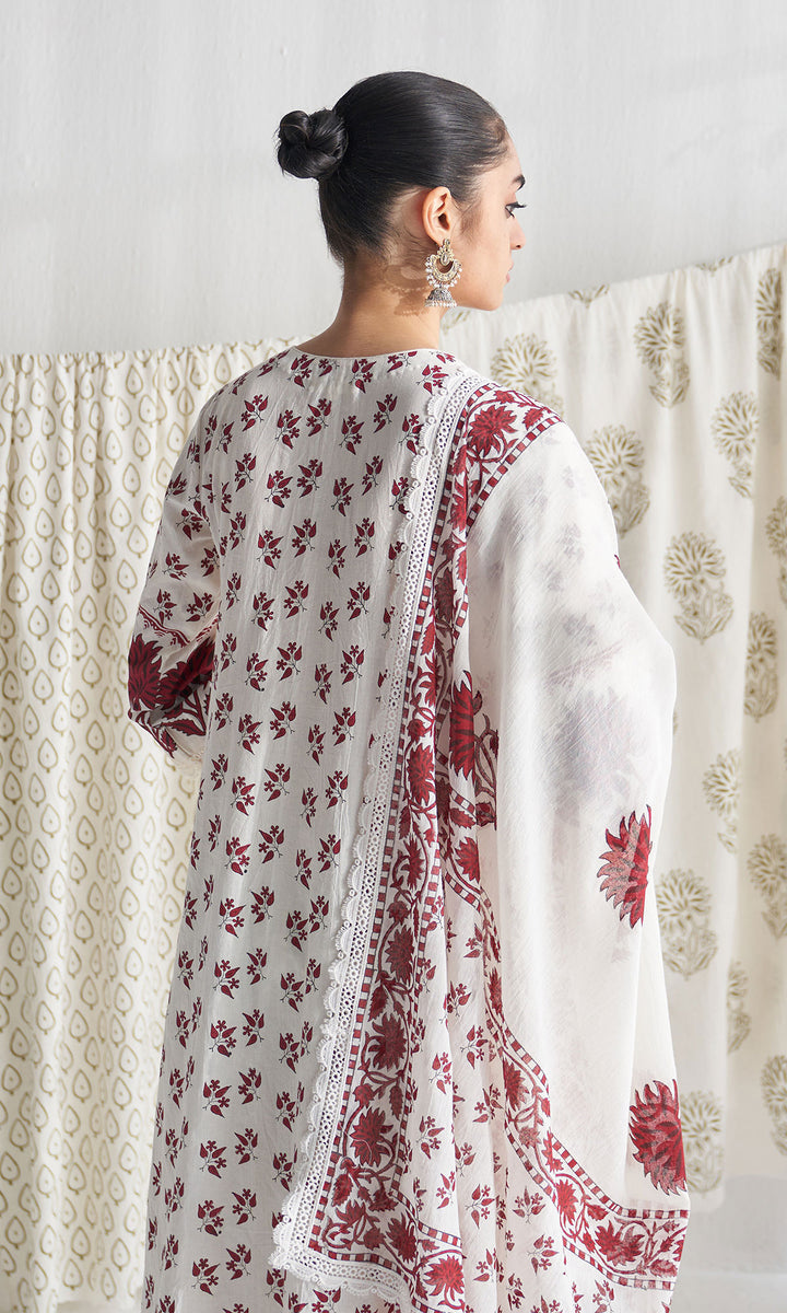 Gulmohar mughal red block printed straight kurta with palazzo and printed dupatta (set of 3)