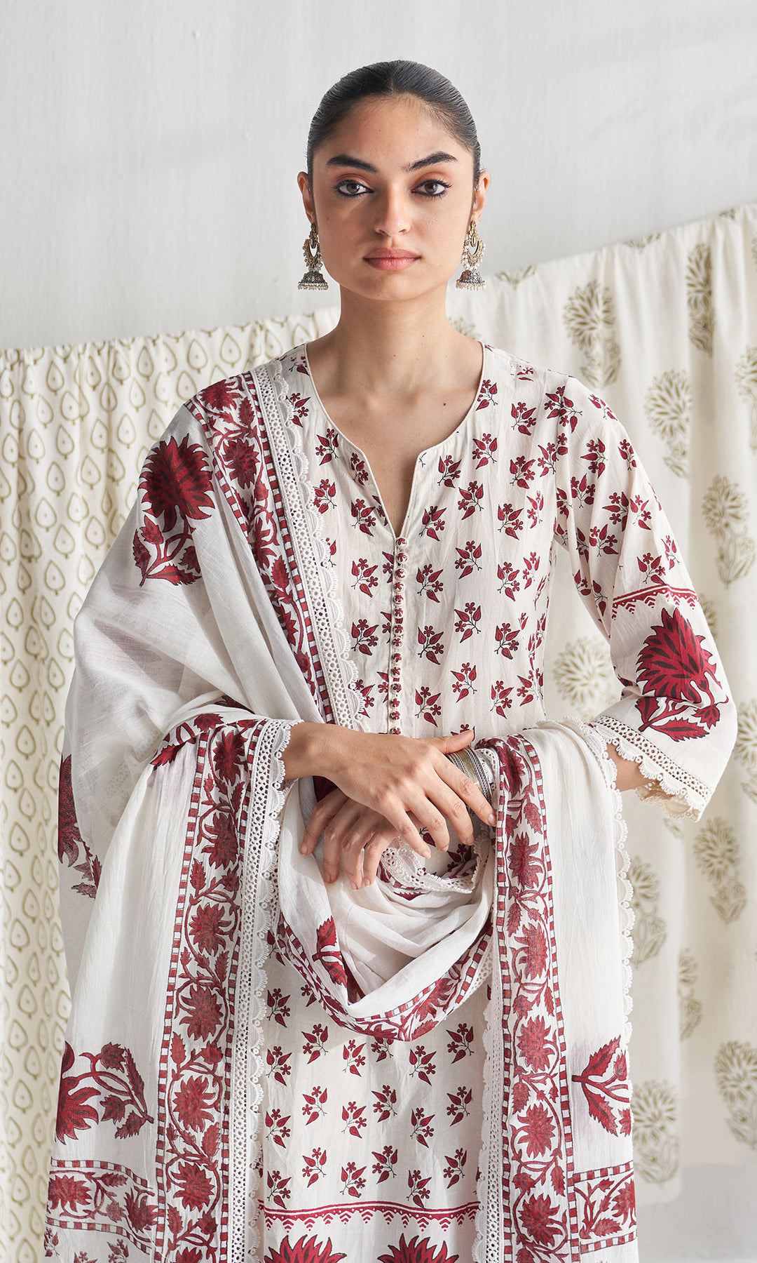 Gulmohar mughal red block printed straight kurta with palazzo and printed dupatta (set of 3)