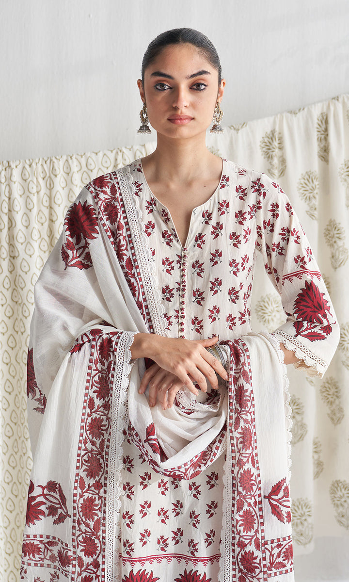 Gulmohar mughal red block printed straight kurta with palazzo and printed dupatta (set of 3)