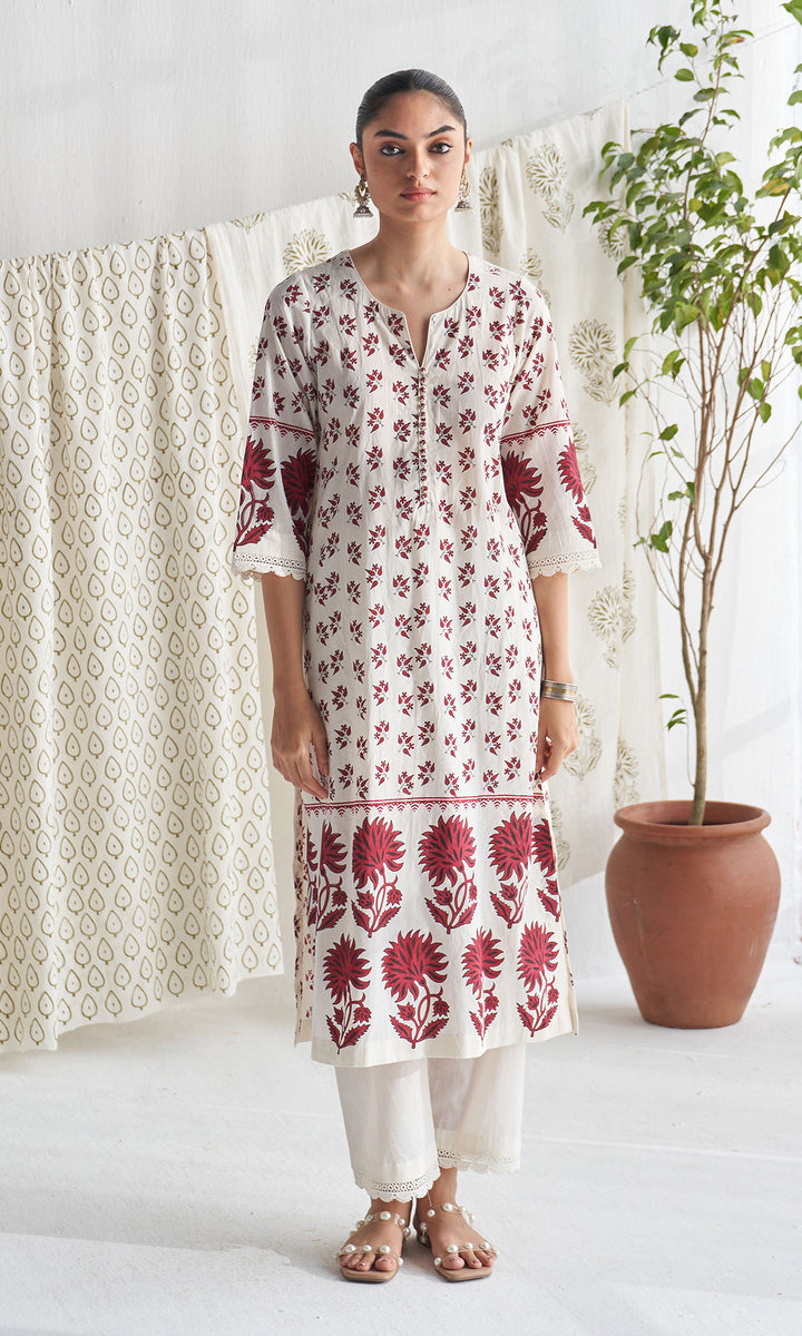 Gulmohar mughal red block printed straight kurta with palazzo and printed dupatta (set of 3)