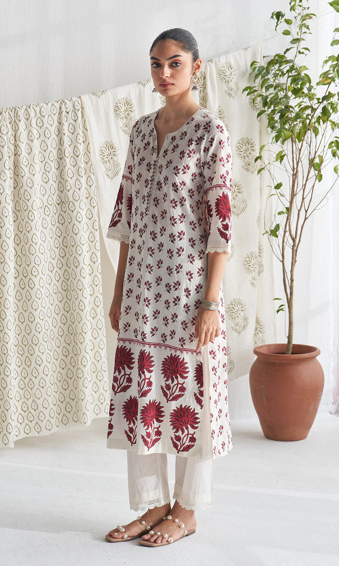 Gulmohar mughal red block printed straight kurta with palazzo and printed dupatta (set of 3)