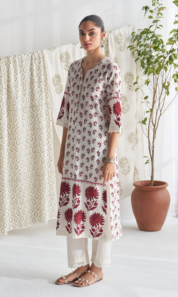 Gulmohar mughal red block printed straight kurta with palazzo and printed dupatta (set of 3)
