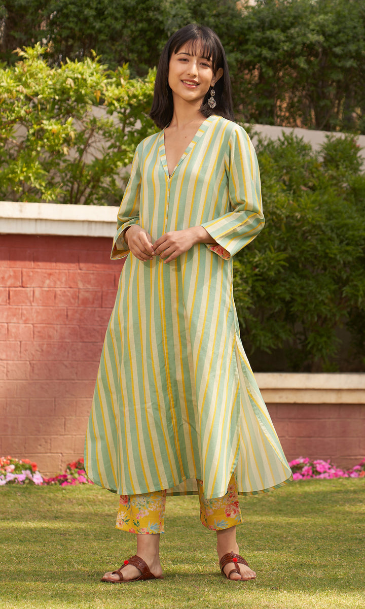 Iris Linen Yellow Stripe Long Kurta With Pants ( Set Of 2)