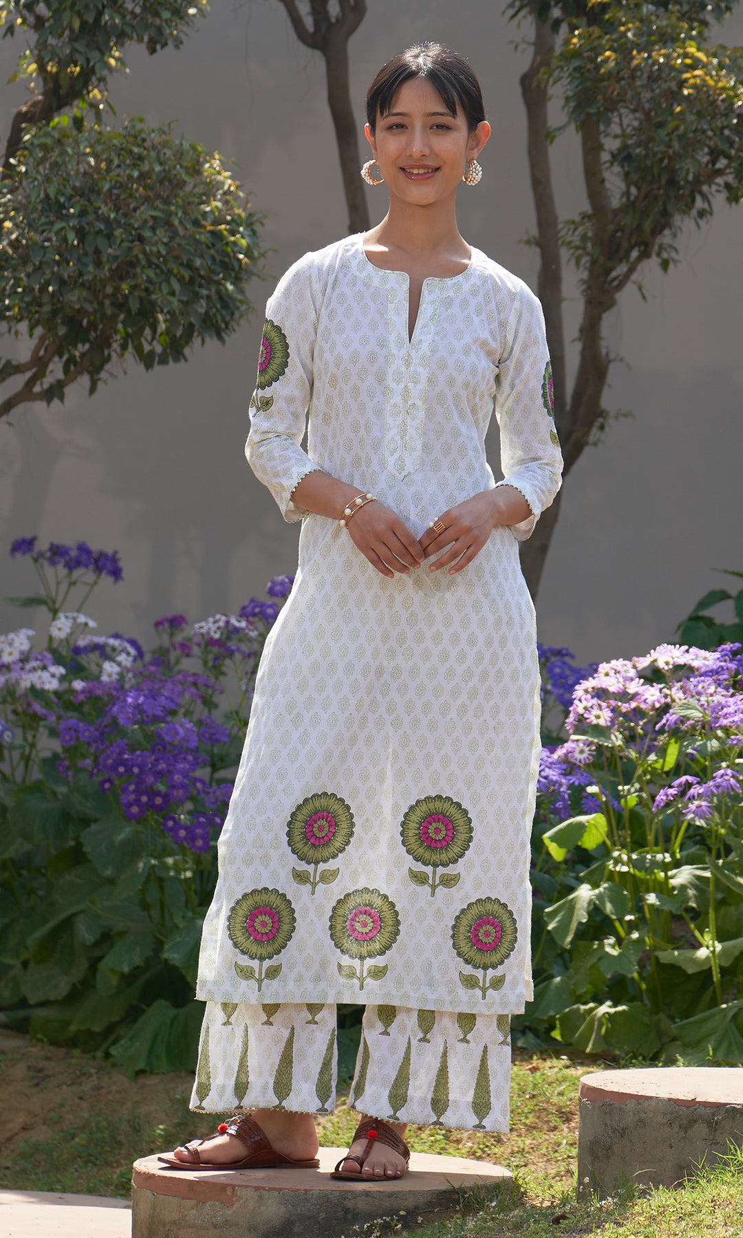 Summer Block Prints Ivory Straight kurta with palazzo and dupatta ( set of 3)