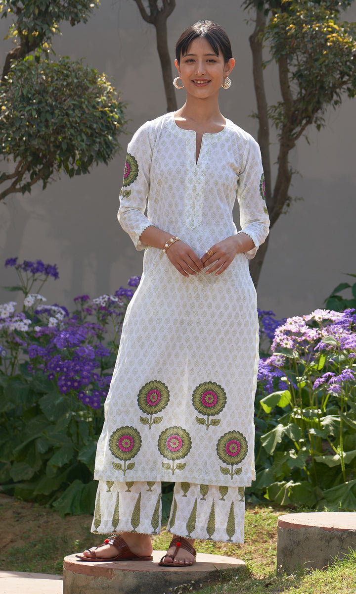 Summer Block Prints Ivory Straight kurta with palazzo and dupatta ( set of 3)