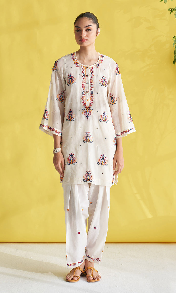 Gulmohar Ivory Chikankari Short Kurta With Salwar ( Set Of 2)