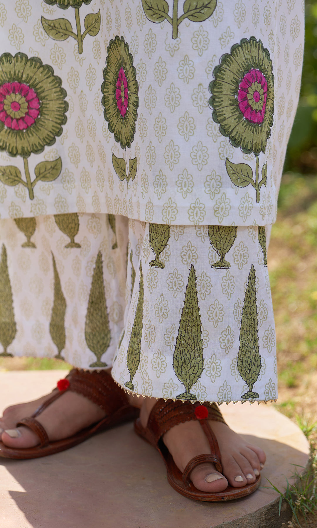 Summer Block Prints Ivory Straight kurta with palazzo and dupatta ( set of 3)