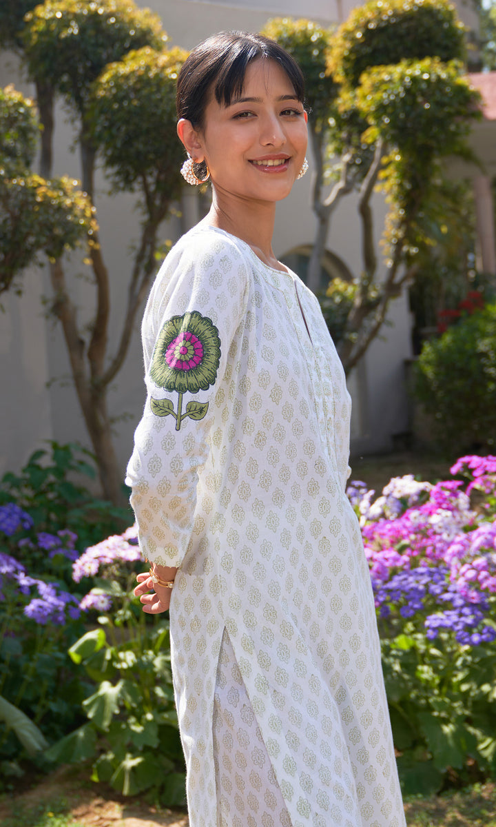 Summer Block Prints Ivory Straight kurta with palazzo and dupatta ( set of 3)