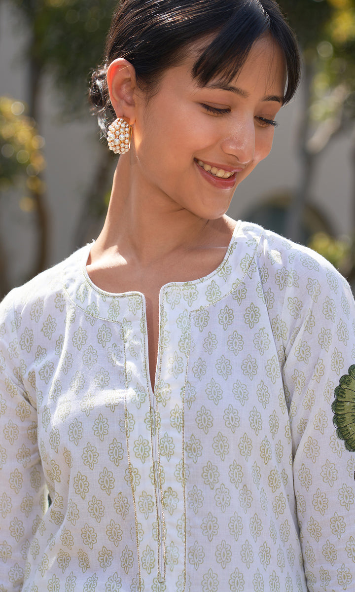 Summer Block Prints Ivory Straight kurta with palazzo and dupatta ( set of 3)