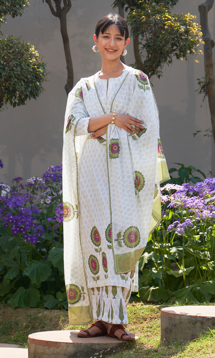 Summer Block Prints Ivory Straight kurta with palazzo and dupatta ( set of 3)