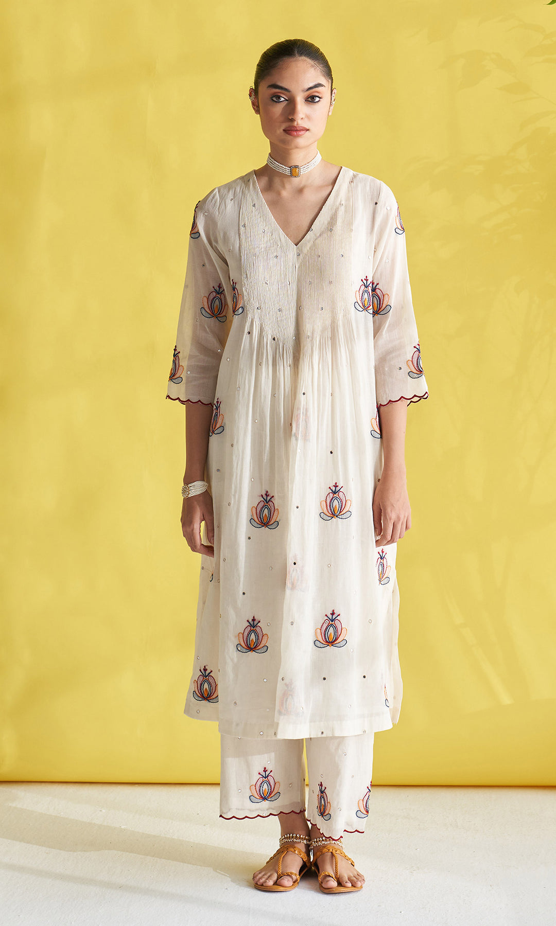 Gulmohar Ivory Pintuck Chikankari Kurta With Palazzo And Dupatta (Set Of 3)