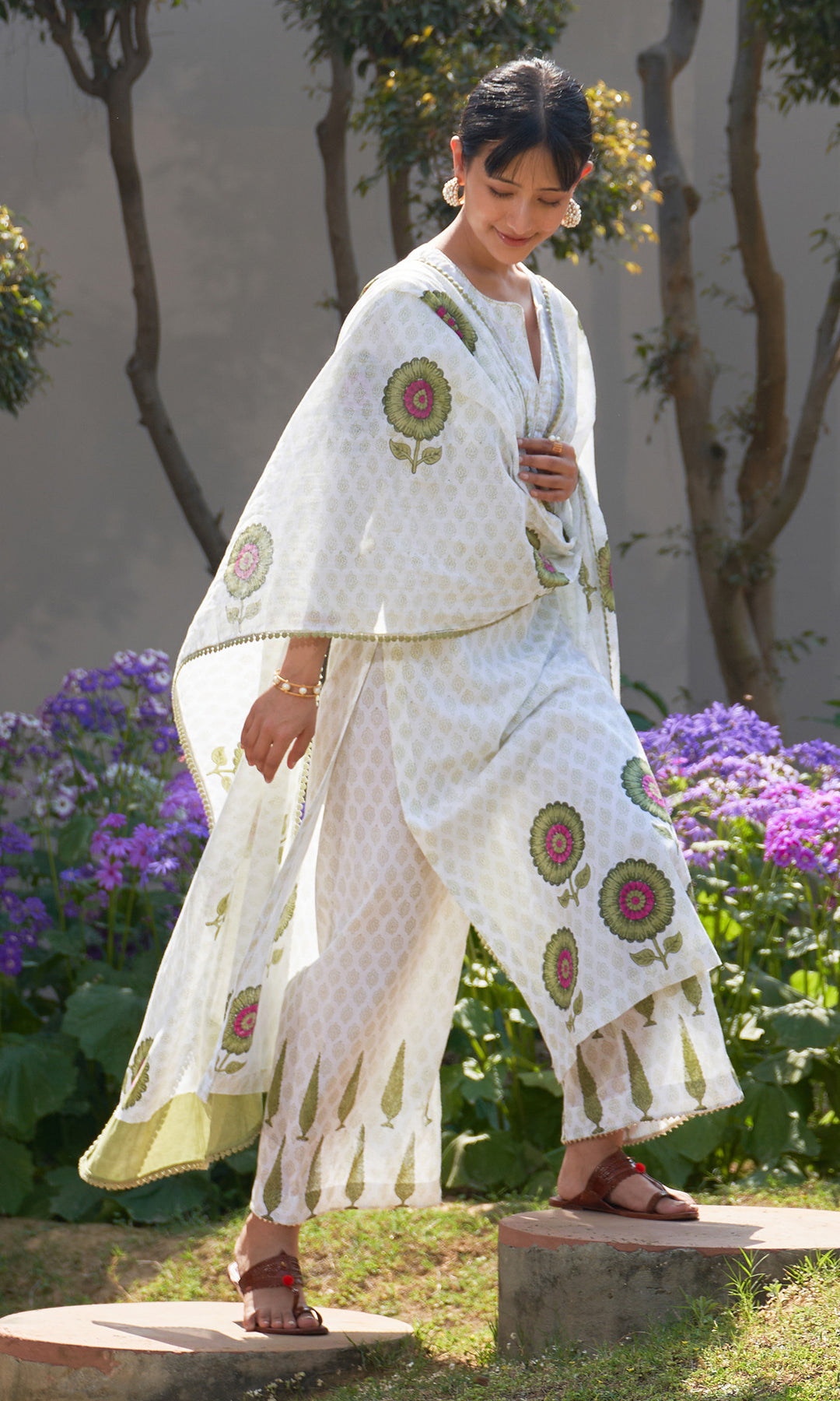 Summer Block Prints Ivory Straight kurta with palazzo and dupatta ( set of 3)