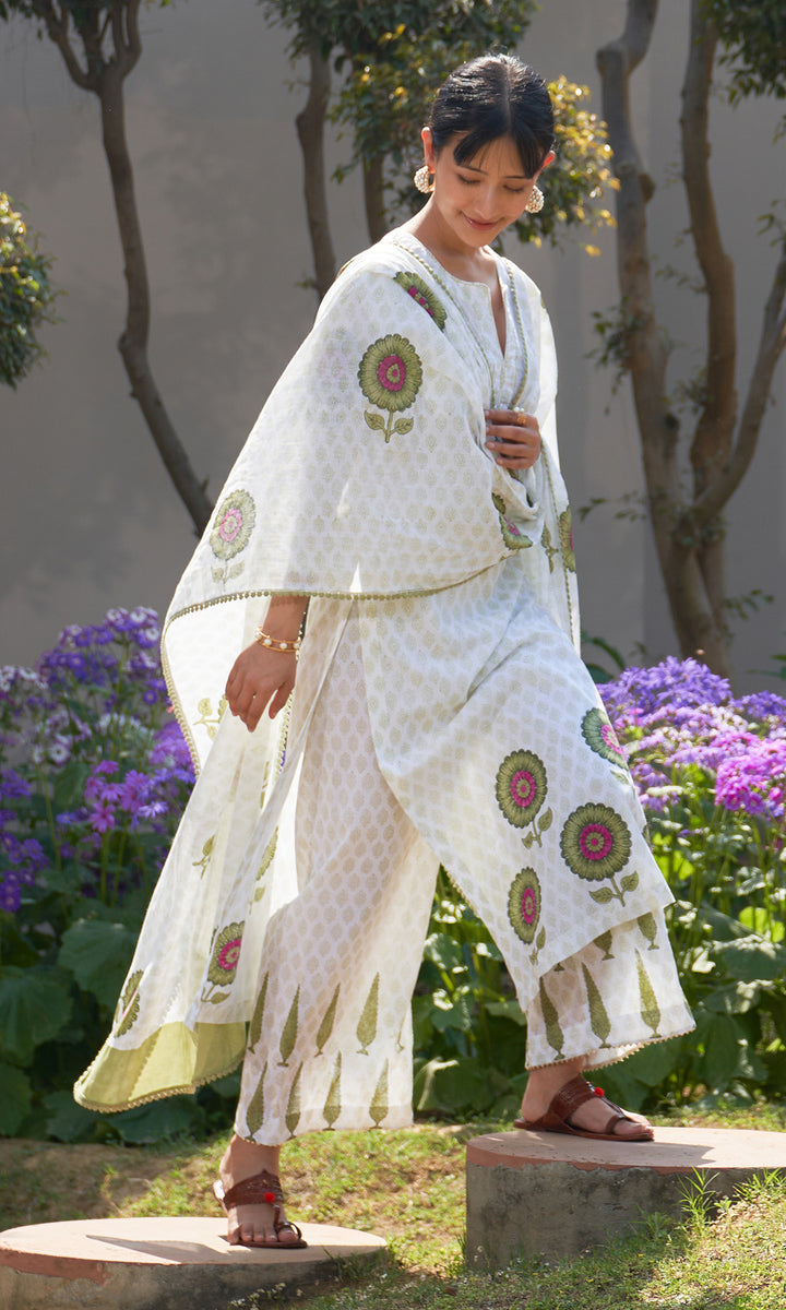 Summer Block Prints Ivory Straight kurta with palazzo and dupatta ( set of 3)