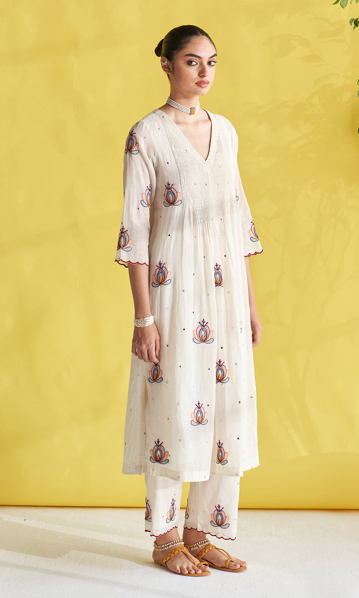 Gulmohar Ivory Pintuck Chikankari Kurta With Palazzo And Dupatta (Set Of 3)