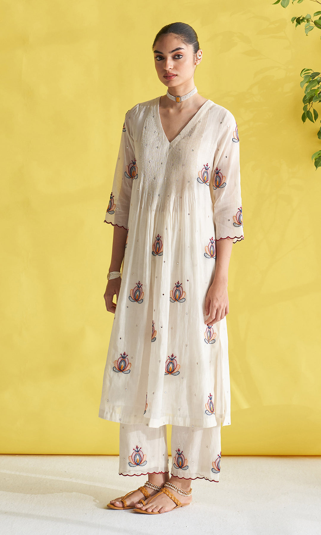 Gulmohar Ivory Pintuck Chikankari Kurta With Palazzo And Dupatta (Set Of 3)