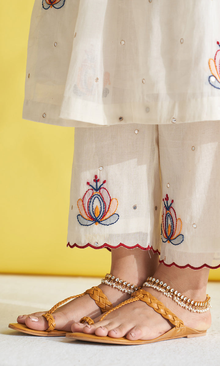 Gulmohar Ivory Pintuck Chikankari Kurta With Palazzo And Dupatta (Set Of 3)