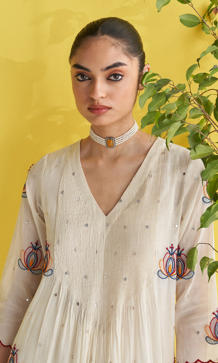 Gulmohar Ivory Pintuck Chikankari Kurta With Palazzo And Dupatta (Set Of 3)