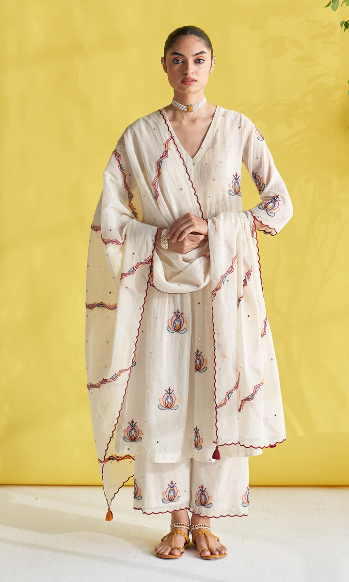 Gulmohar Ivory Pintuck Chikankari Kurta With Palazzo And Dupatta (Set Of 3)