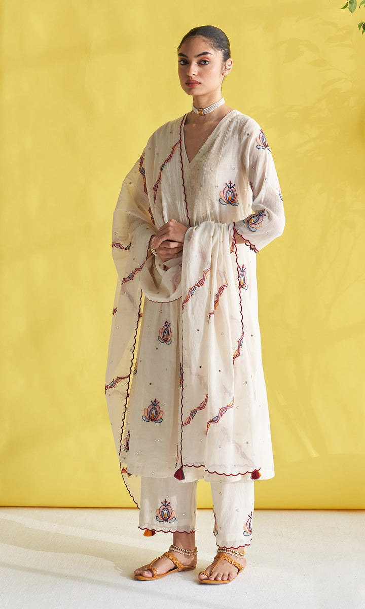 Gulmohar Ivory Pintuck Chikankari Kurta With Palazzo And Dupatta (Set Of 3)