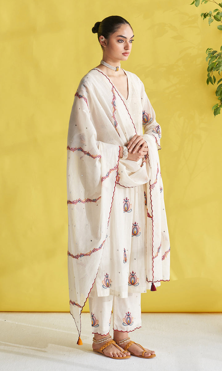 Gulmohar Ivory Pintuck Chikankari Kurta With Palazzo And Dupatta (Set Of 3)