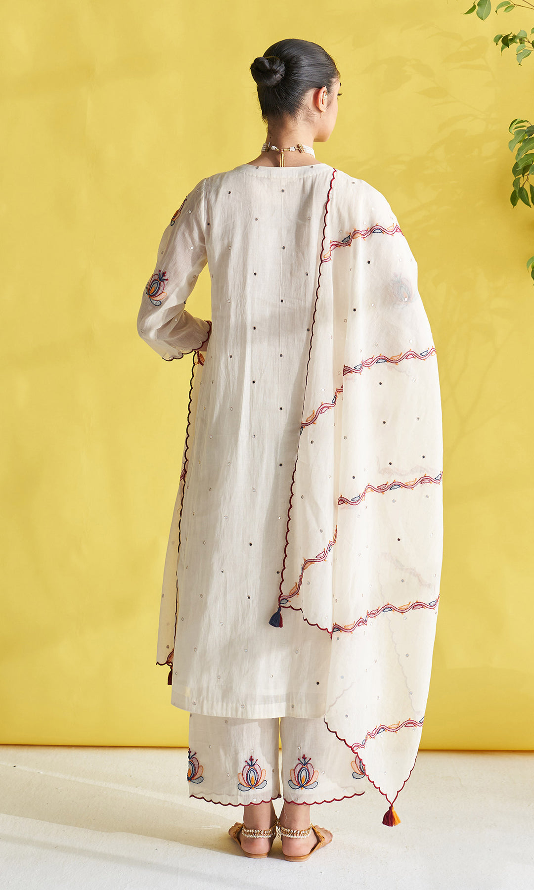 Gulmohar Ivory Pintuck Chikankari Kurta With Palazzo And Dupatta (Set Of 3)