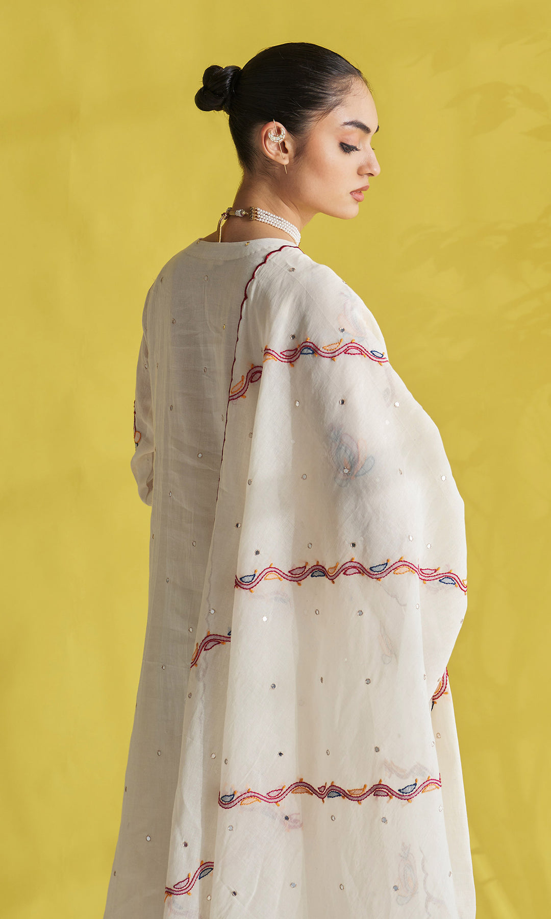 Gulmohar Ivory Pintuck Chikankari Kurta With Palazzo And Dupatta (Set Of 3)